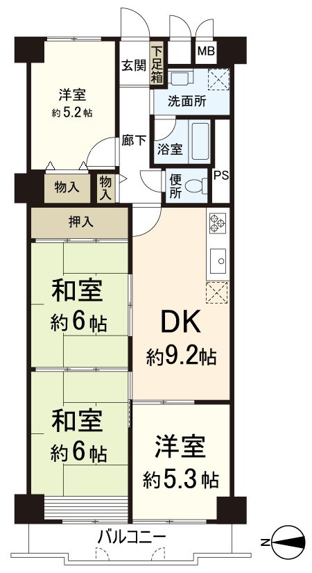 私人使用面積76.27平方公尺，4DK的房型。被根據牆在的廚房更廣泛地感到廚房兼餐室
