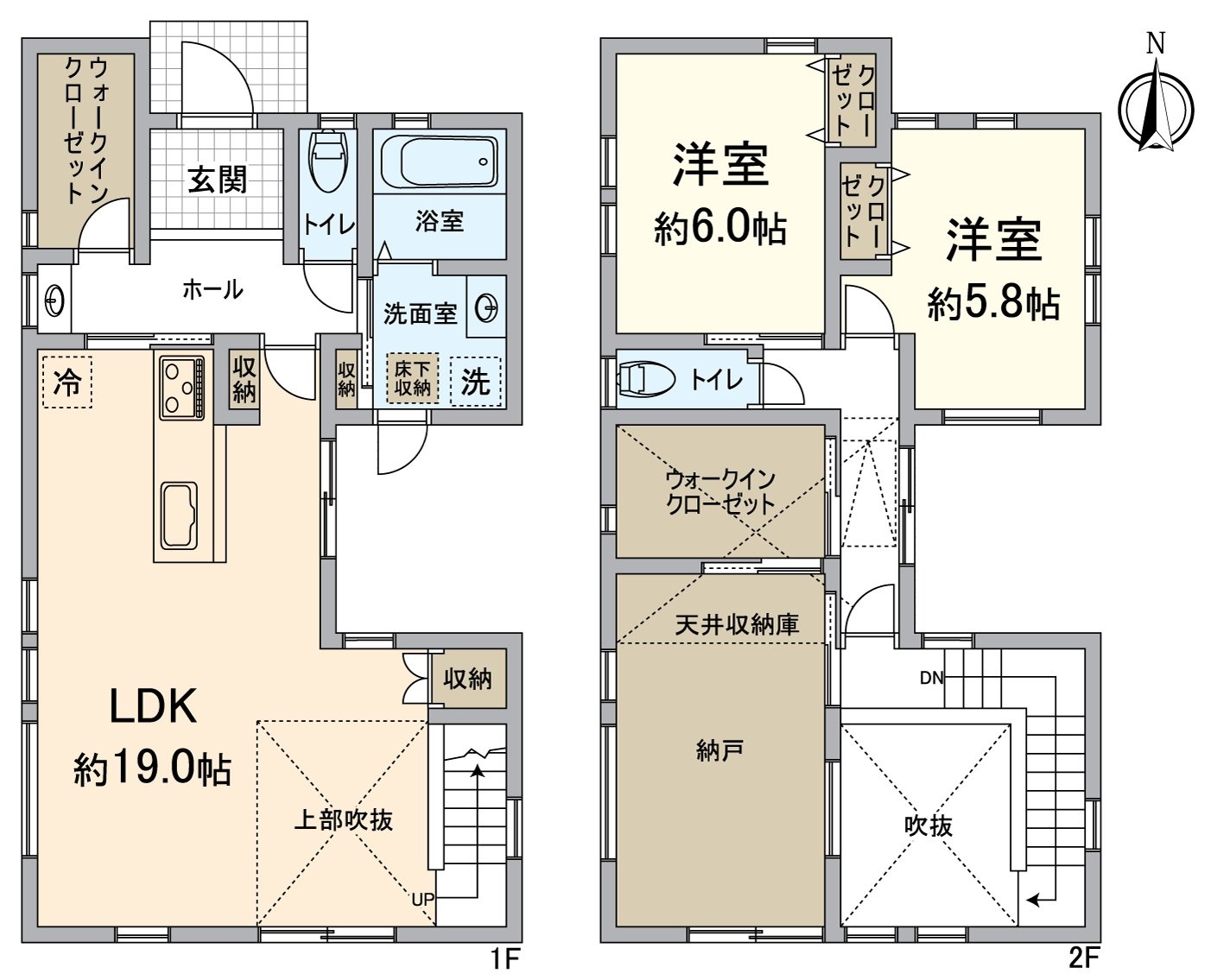 约19张塌塌米LDK是特徴，并且是有一体感的空间设计。门口旁边有步入式衣帽间，收纳力也充实。为浴室、洗脸室、厕所正被解决家务流迹线顺利。