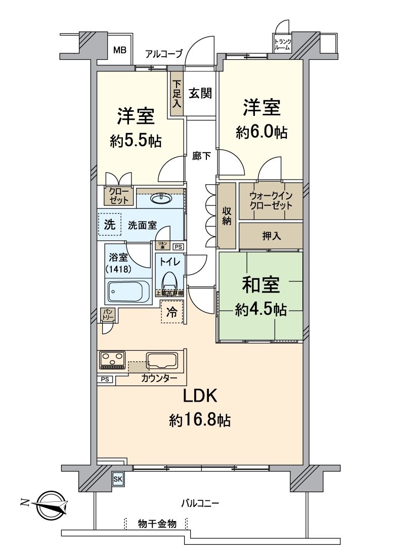 It is the Layout of the convenient 3LDK type with the corner Japanese-style room.