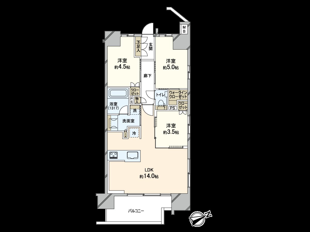 It is Plan of the 3LDK with about 14 quires of LDK.