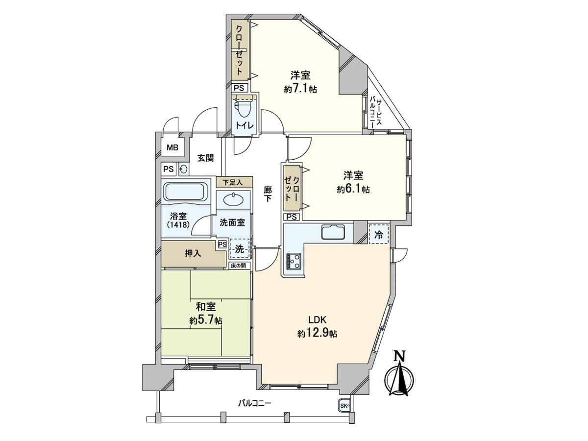 实际使用面积：是71.07平米3LDK东南采光房。2面客厅根据采光是光照良好度。