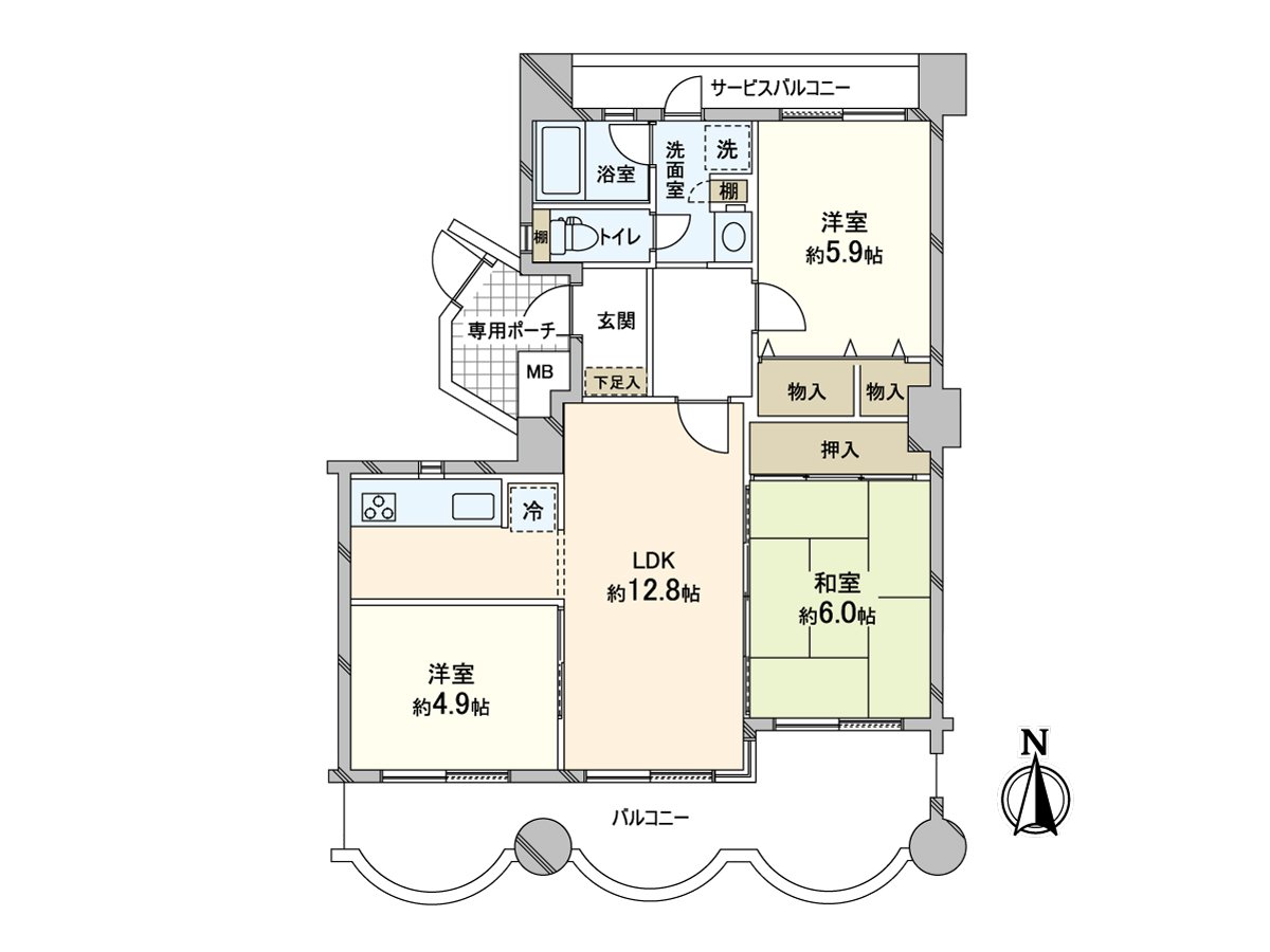 66.59 square meters of exclusive area, 3LDK floor plan