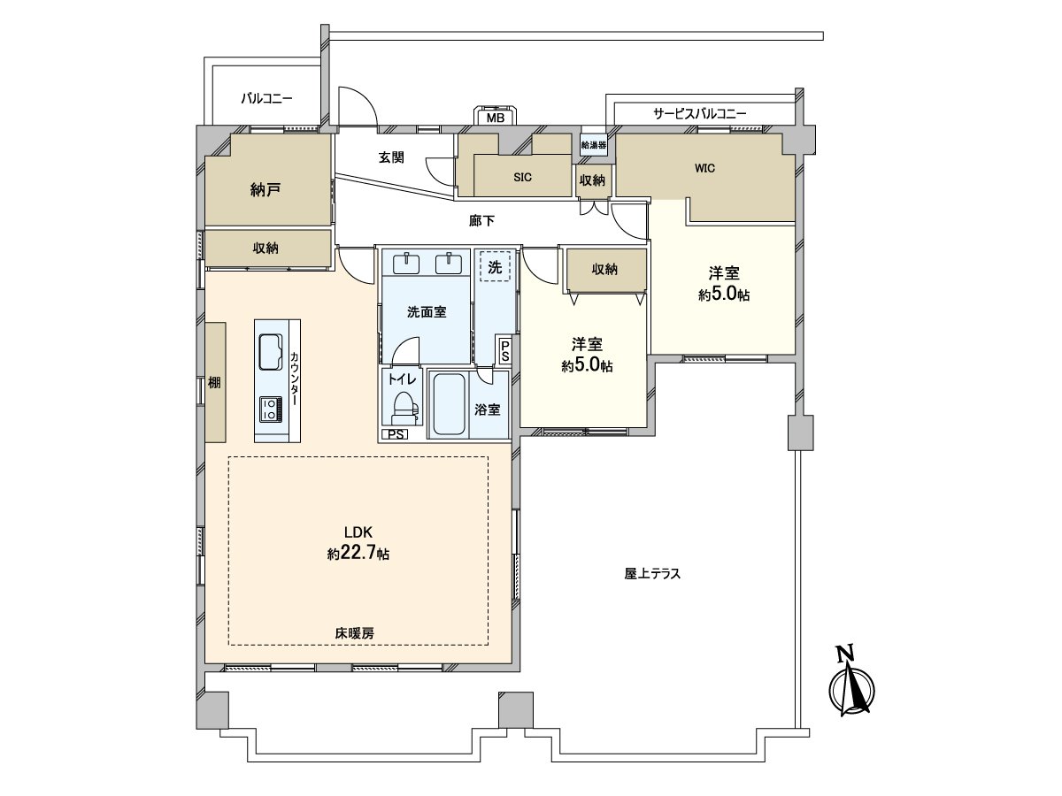 Floor plan (2SLD, dwelling unit with the K Southeast corner unit X roof balcony)