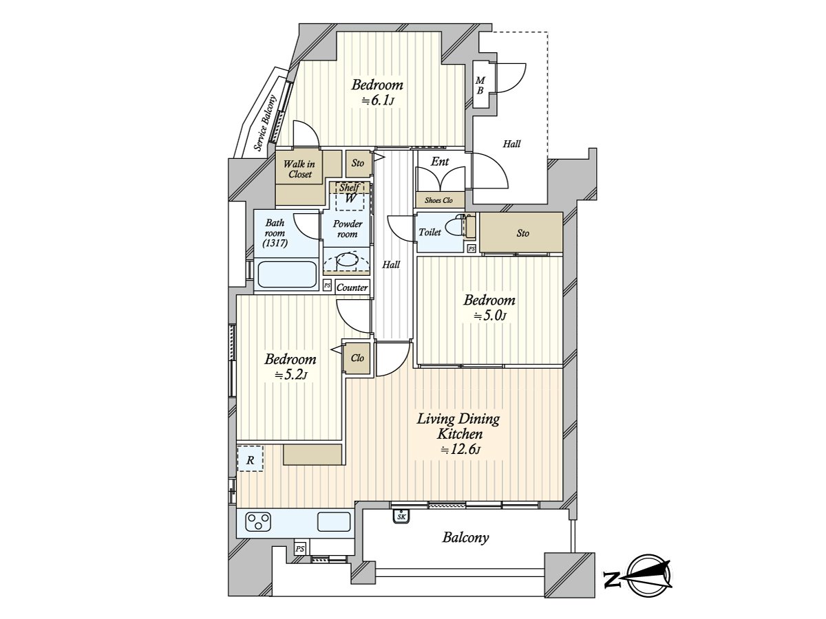3LDK, Price 46.8 million yen, exclusive area 63.83m2, Terrace 8.75m2 in area Floor plan
