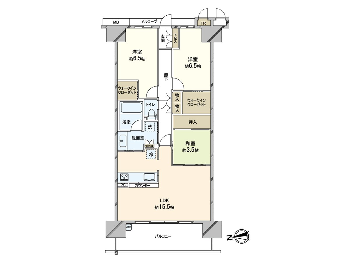是面向76.14平米、3LDK的家庭的房间。正采用与家族的对话有弹性的开放式厨房。