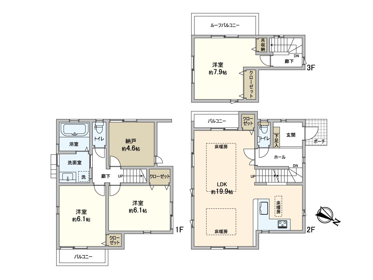 LDK是宽敞的约19.9张塌塌米。第三版采光的窗被安置，通风良好。约7.9张塌塌米3楼的主卧室具有2个地方收纳，也有阳台。