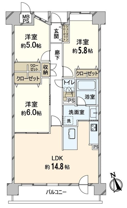 陽光通風在朝南西陽台良好的3LDK的房型