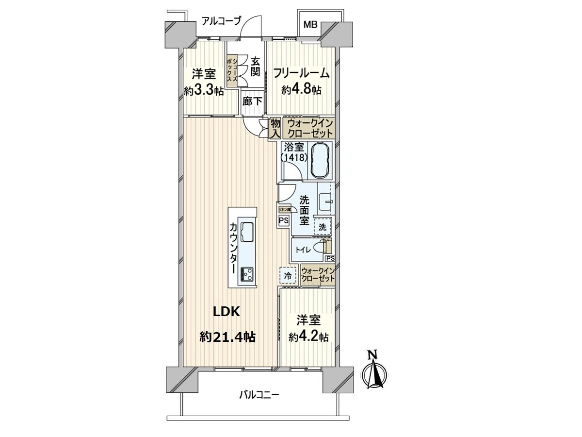 实际使用面积71.92平米的2LDK+F+2WIC Island厨房是魅力的房间
