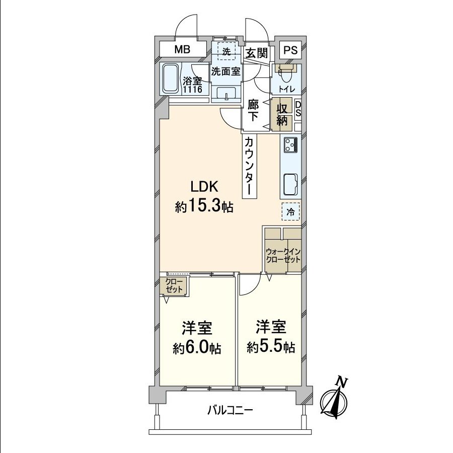 是私人使用面積/60平方公尺，2LDK的房型的房間。