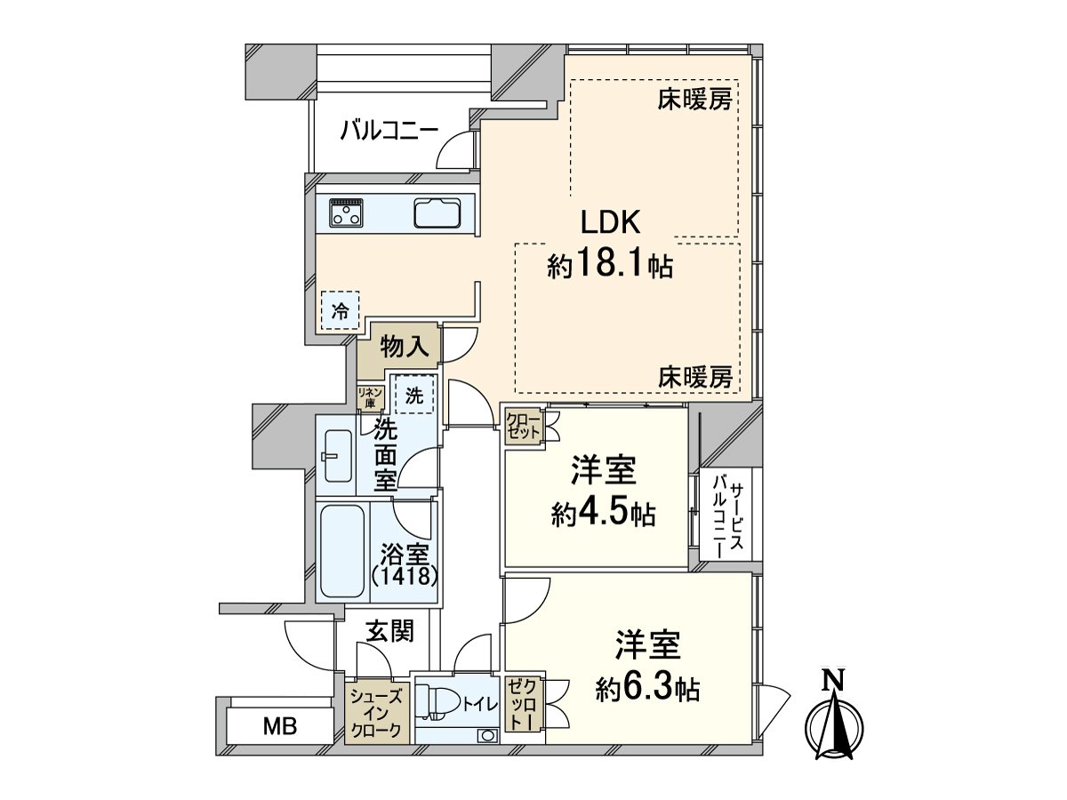 实际使用面积64.58平米，2LDK