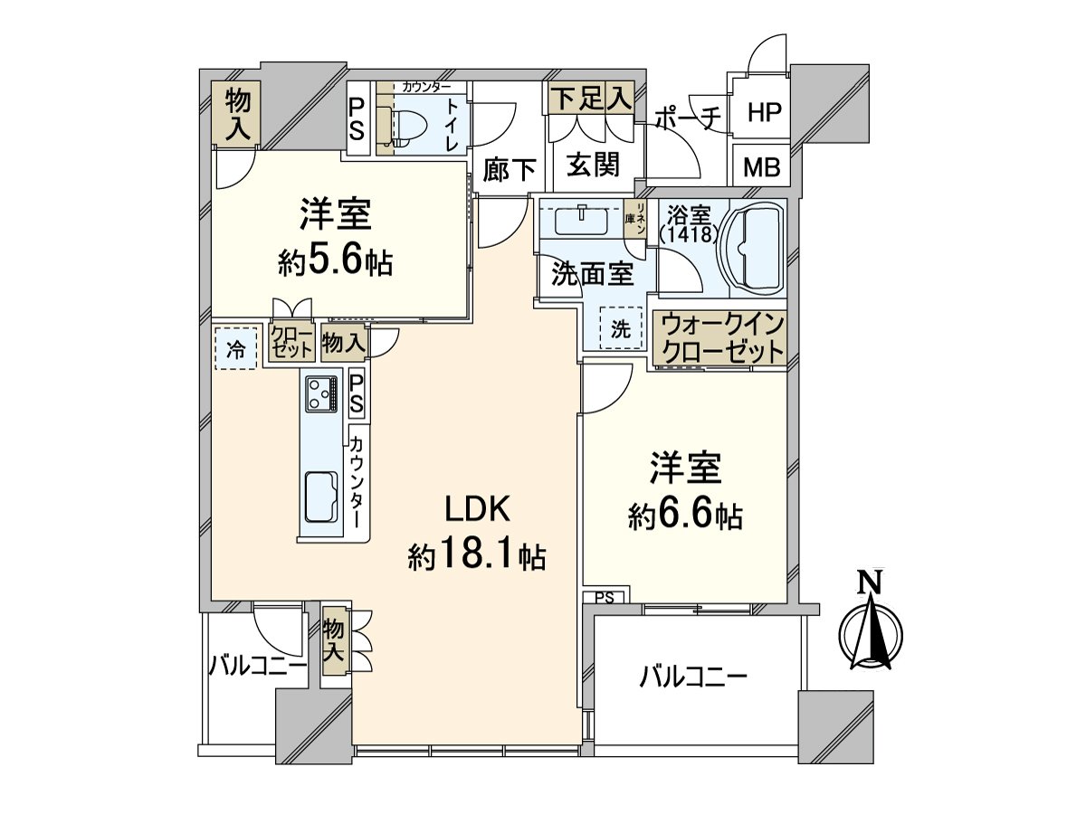 2LDK的家務流跡線是被想的容易使用的房型。對客餐廳部分，有地板暖氣。