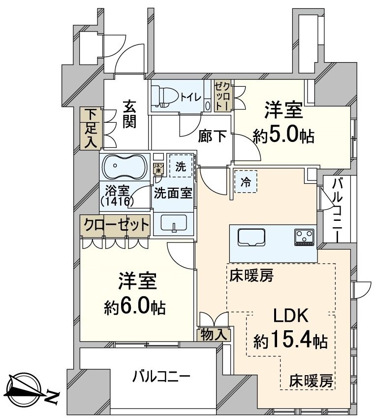 私人使用面積61.19平方公尺，2LDK的東北採光房
