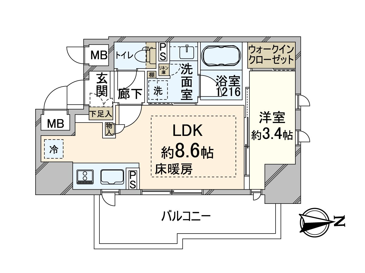 8階北東角部屋住戸1LDK的房型