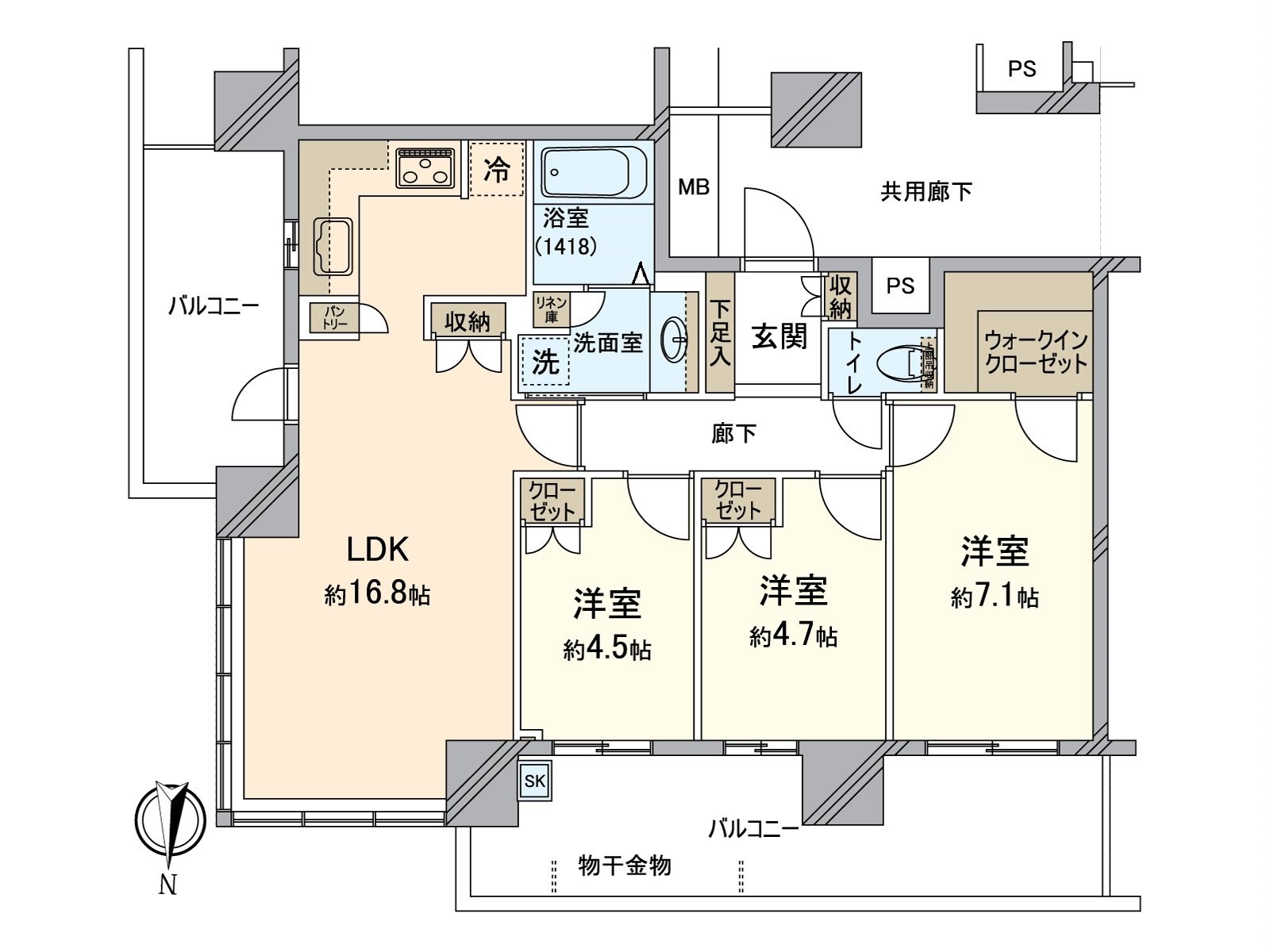 Exclusive area 74.31 square meters ･ 3LDK ･ Northeast Corner Unit
