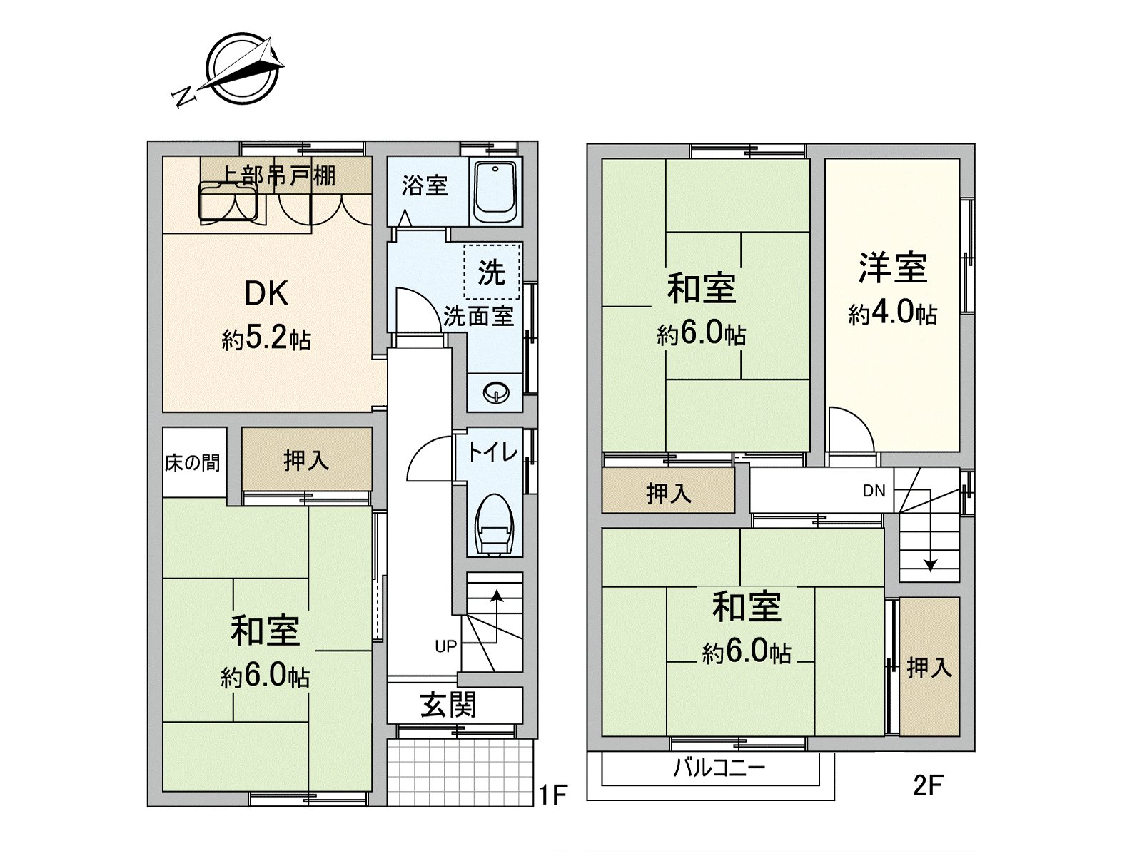 Plan of 4DK. The each room has a window.