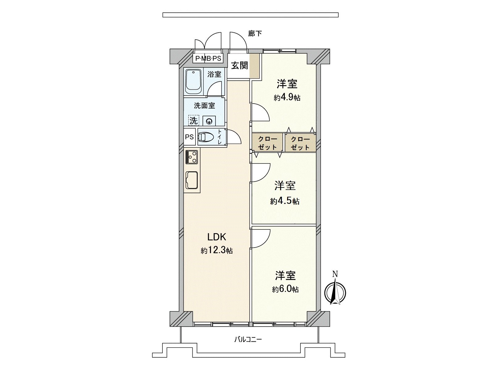 [房型图]3LDK的容易使用的房型。
