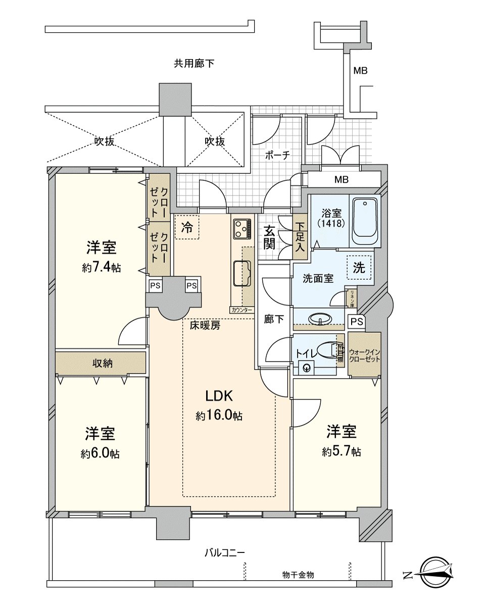3LDK的房型。有把住戸的獨立提高到的專用門。