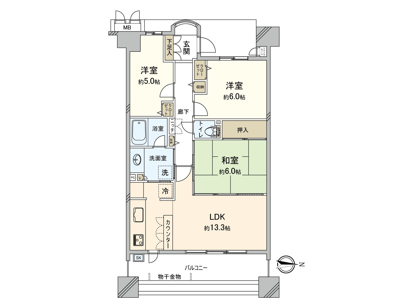 [户型平面图]3LDK的房型。为客厅广泛地面向窗阳的光和自然插进去。到处有存储空间。