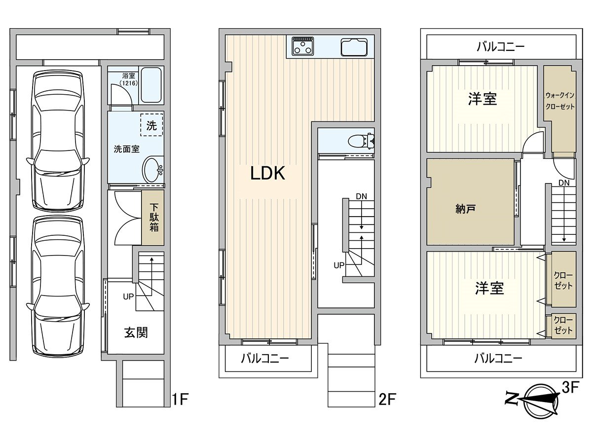It is the floor plan which showed a layout of the whole Properties. As for the 1st, as for the parking space and the place equipped with a water supply, the 2nd floor, two Western-style rooms and storerooms, terrace are placed in extensive LDK, 3rd floor.