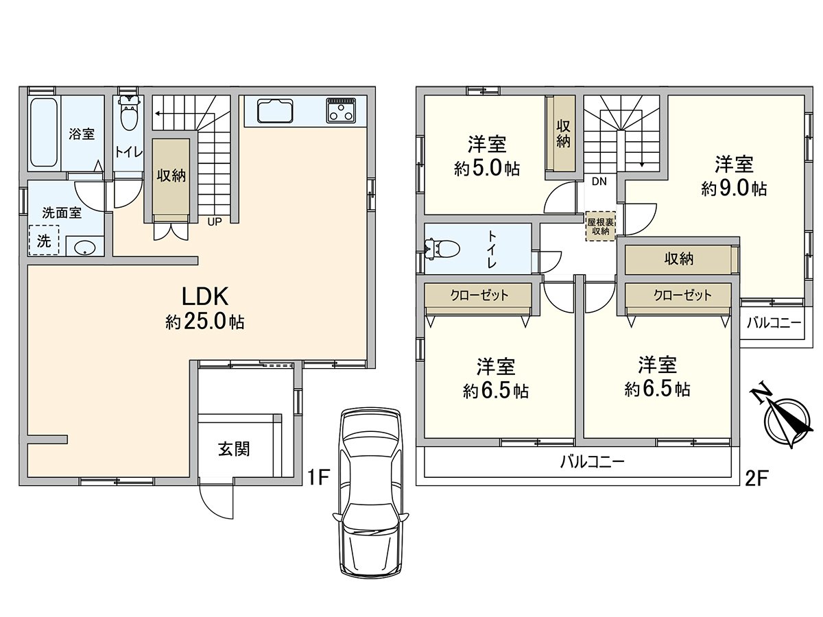 是1間車庫(尺寸限制有)的4LDK的間取。