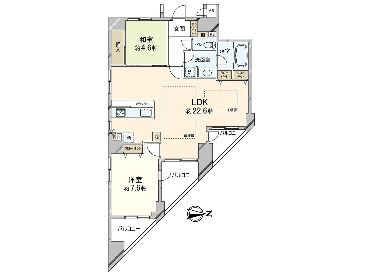 实际使用面积77.17平米的2LDK