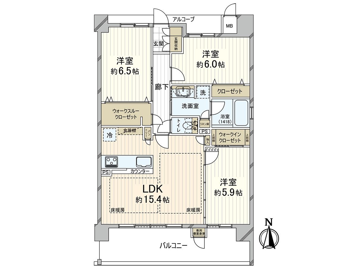 面向南侧阳台的3LDK的房型。在LDK和邻接的西式房间约5.9张塌塌米，可以和LDK到底也利用。