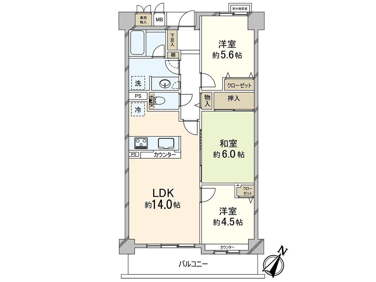 是開放式廚房的3LDK的房型。