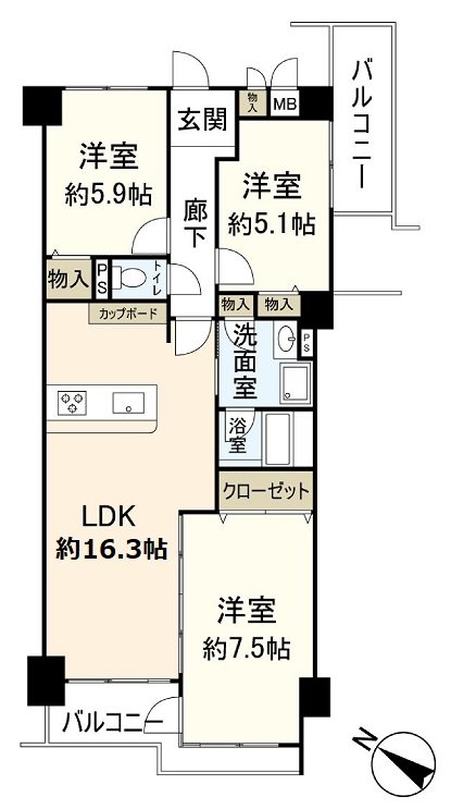 3LDK，私人使用面積78.19平方公尺，陽台面積12.25平方公尺