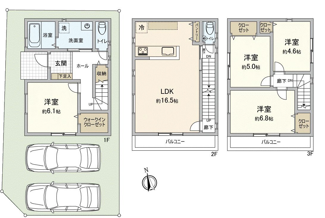 在6.1張塌塌米西式房間+WIC.2樓，采光在朝南的陽台所在戶型平面圖、2台停車的可的(並列).1樓.5張塌塌米LDK16的舒適空間良好