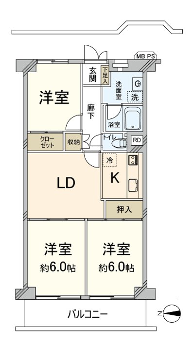 私人使用面積61.6平方公尺的3LDK。