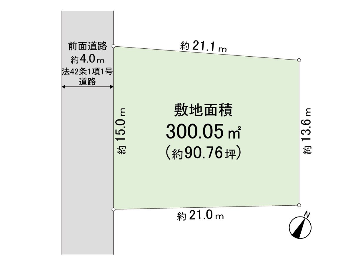 It is the division figure of 300.05 square meters of plottage (about 90.76 tsubo). As for the front road, security is in the traffic of comings and goings and the walker of the car by about 4.0m width. The shape of the site is regulated well and is an impression with high flexibility of the building plan.