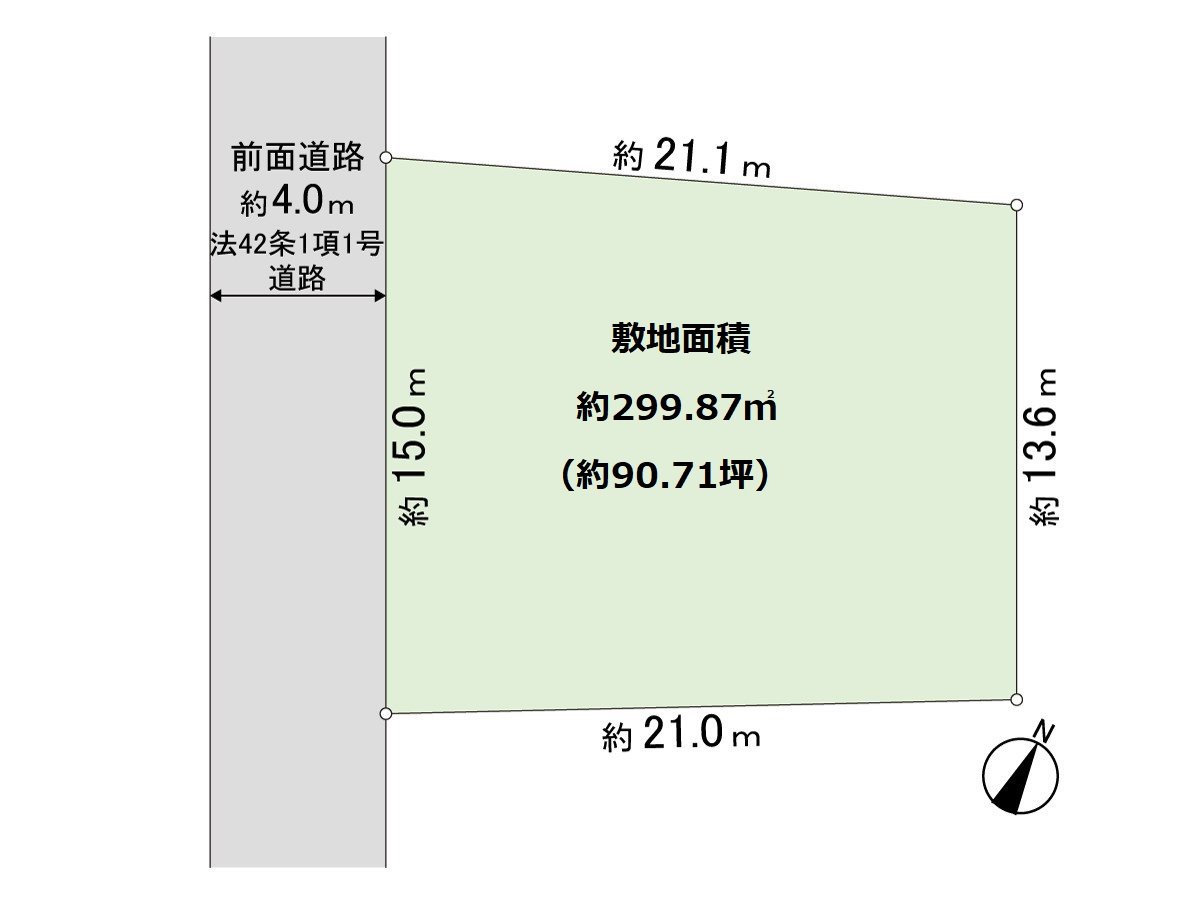 是用地面積300.05平方公尺(約90.76坪)的區劃圖。在前面道路，車的出入以及步行者的通過也有用約4.0m寬度安心感。用地的形狀正端正，建築計劃的靈活性是高的印象。