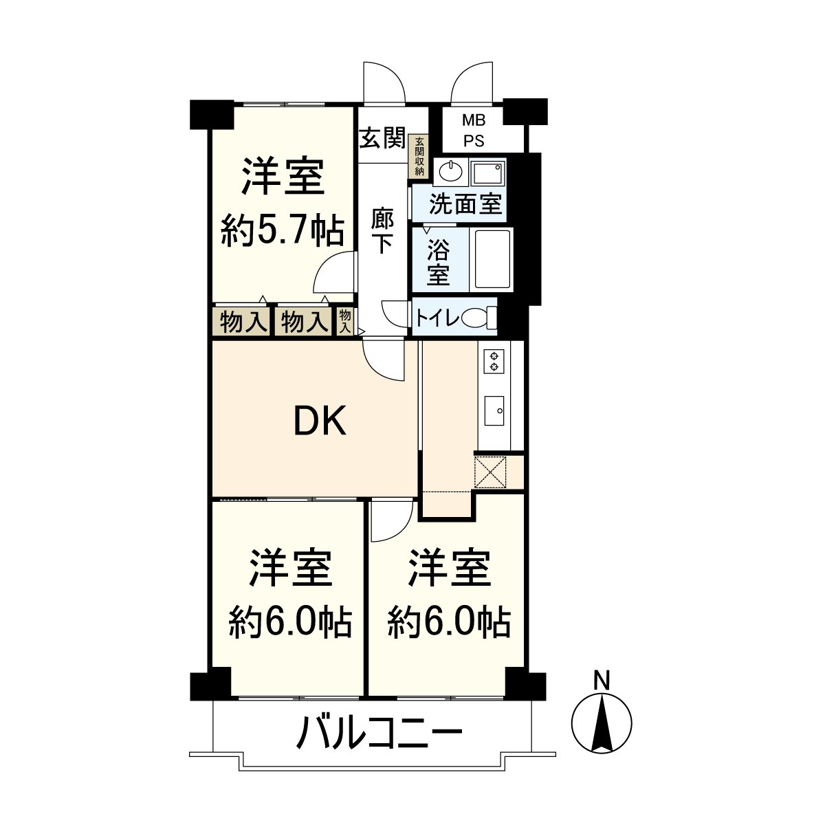 私人使用面積59.40平方公尺3DK的房型2025年6月翻新完成