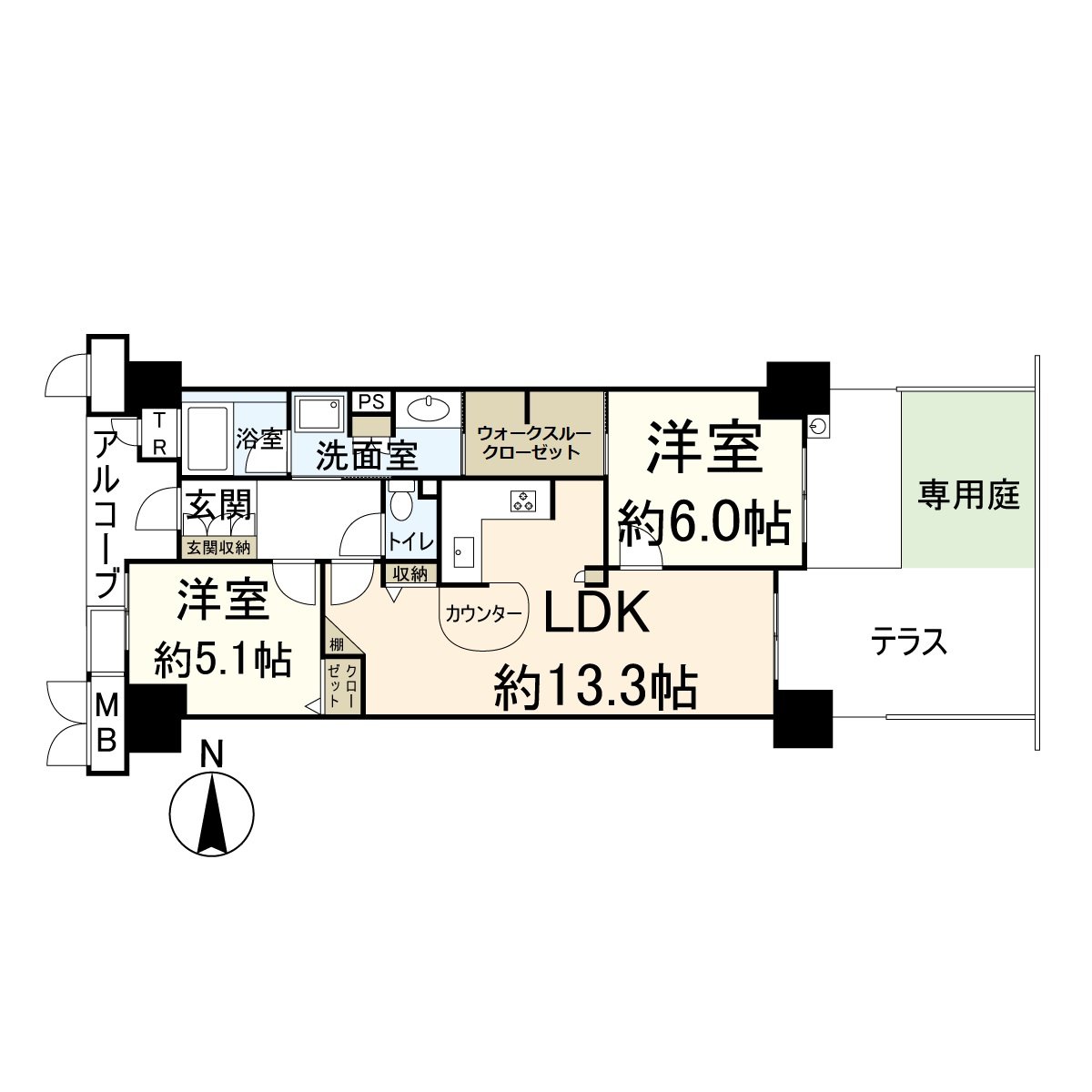 实际使用面积：专用59.04平米，院子：5.58平米，2LDK。