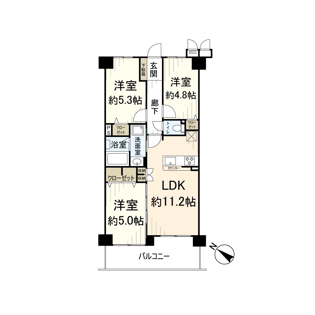 私人使用面積：58.45平方公尺，3LDK。