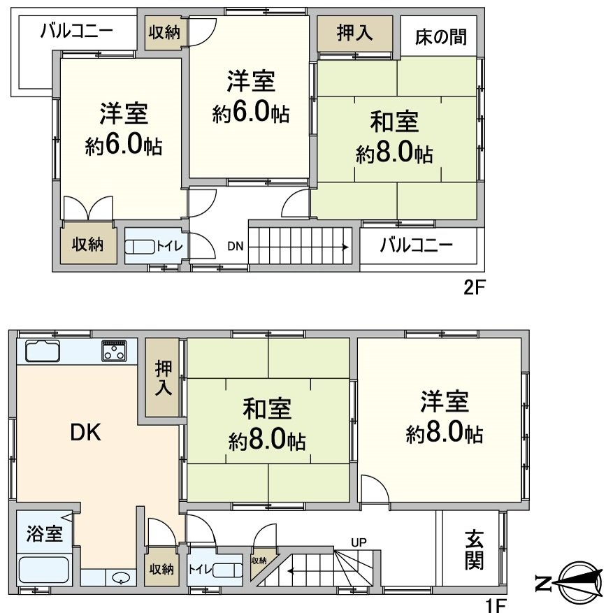 5DK, Land area 164.14 square meters, Total floor area 1F: 57.51 square meters, 2F: 46.17 square meters of Floor plan