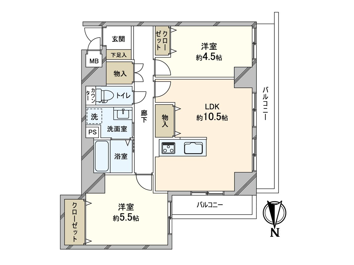 是两面派阳台，2LDK的房型。