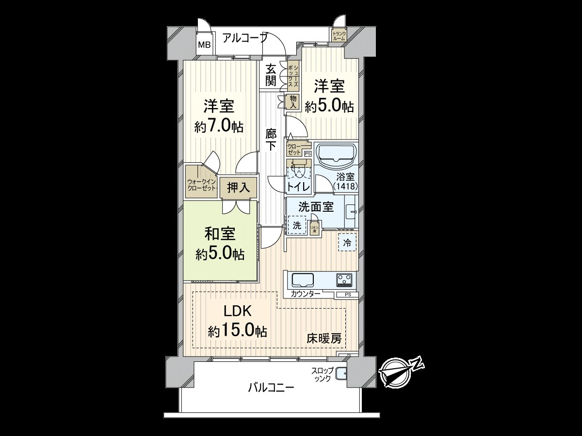 適合約15.0張塌塌米LDK的3LDK房型東南的5階住戸