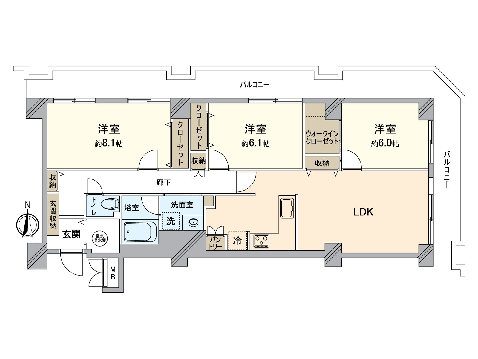 兼備收納量和有舒適的室內空間的平面圖