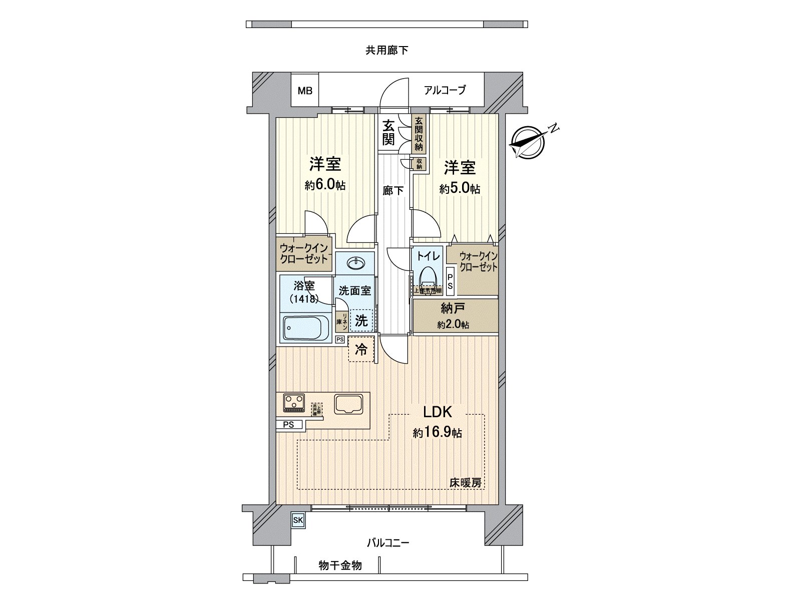 在2LDK+儲藏室(約2張塌塌米)+每個居室有WIC