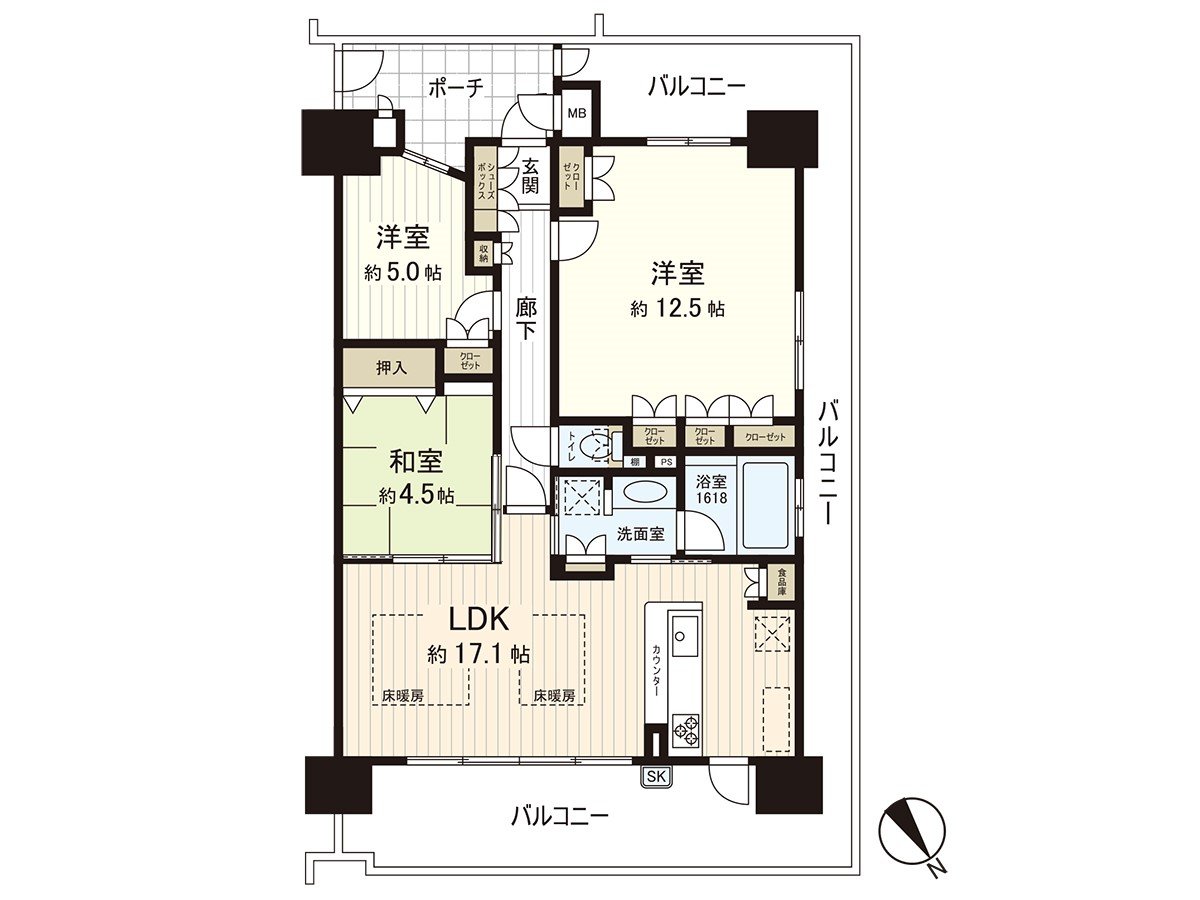 Northeast, Northwest, floor plan of the Mikata corner unit of the Southwest