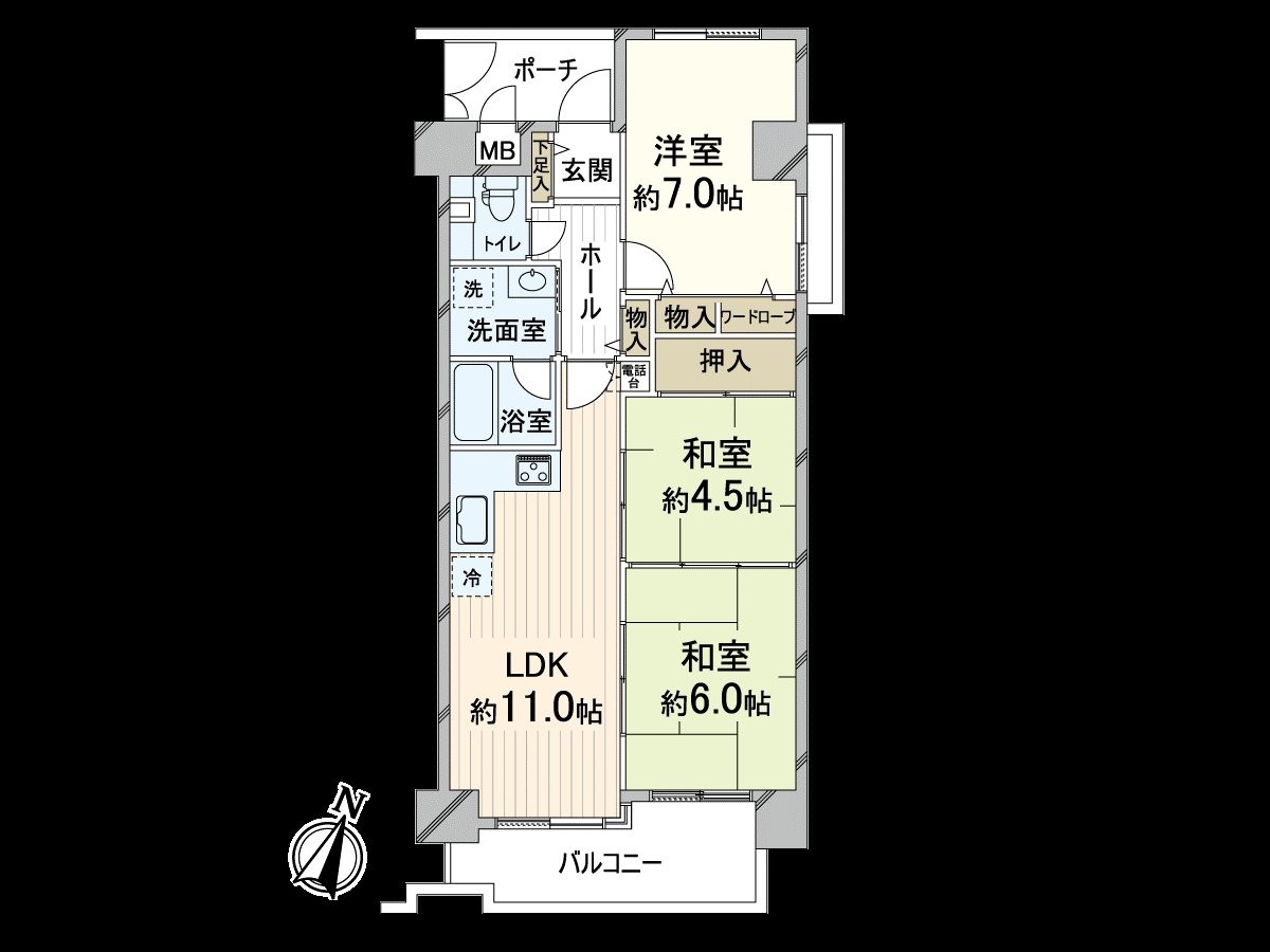 有2间邻接的日式房间跟LDK用拉门连接的周游性的房型