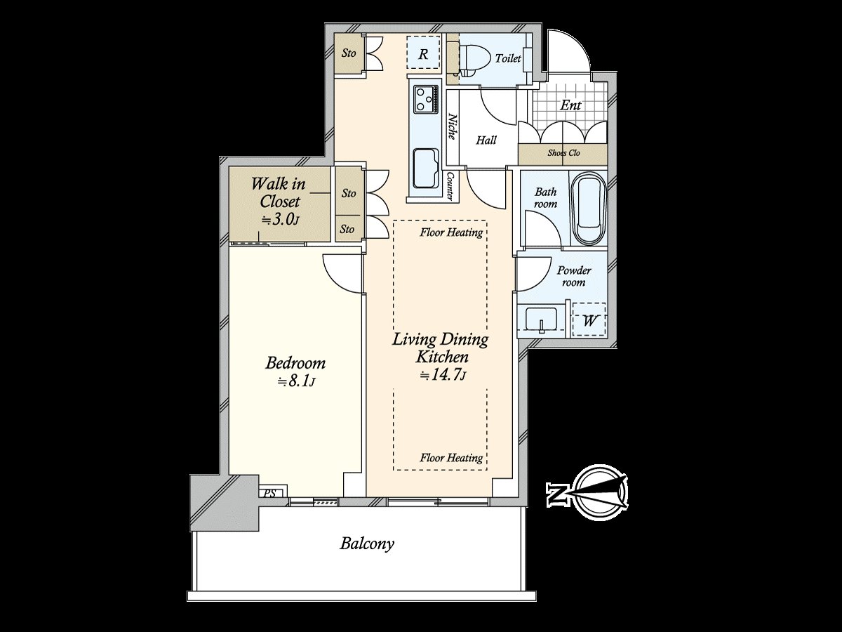 1LDK type belonging to WIC of 55.11 square meters of dwelling unit (by weather) exclusive area which the setting sun of the eighth-floor part can overlook facing west
