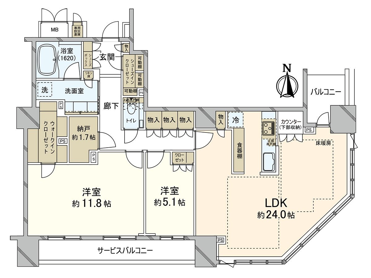 A room of exclusive area 103.22 square meters /2LDK. For Southeast corner unit, a view, the ventilation is good.