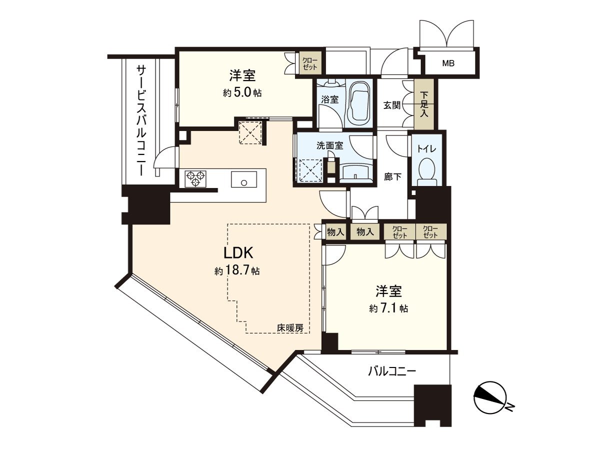 私人使用面積68.6平方公尺/2LDK的邊間。作為光照良好度的兩面派陽台。請一定一回詢問。