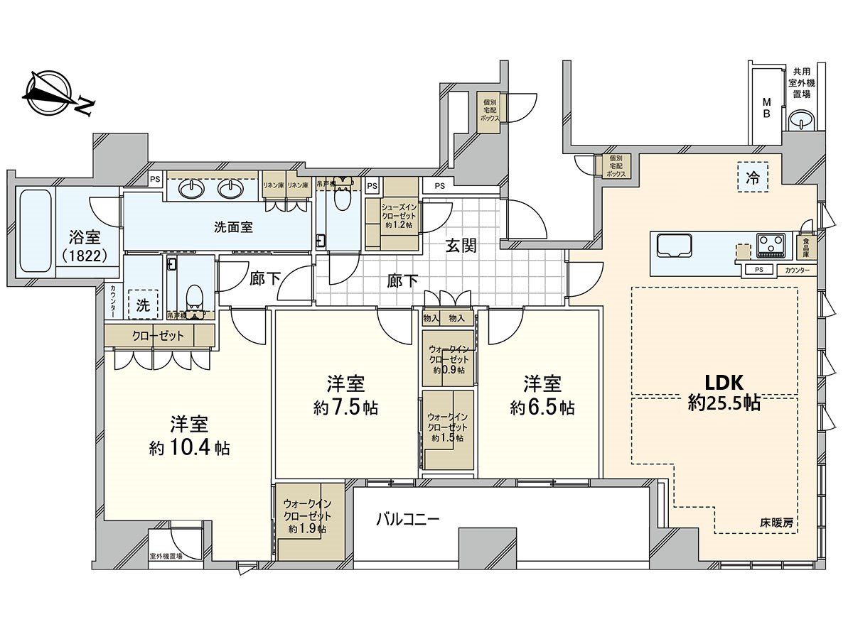 私人使用面積128.0平方公尺/3LDK的房型