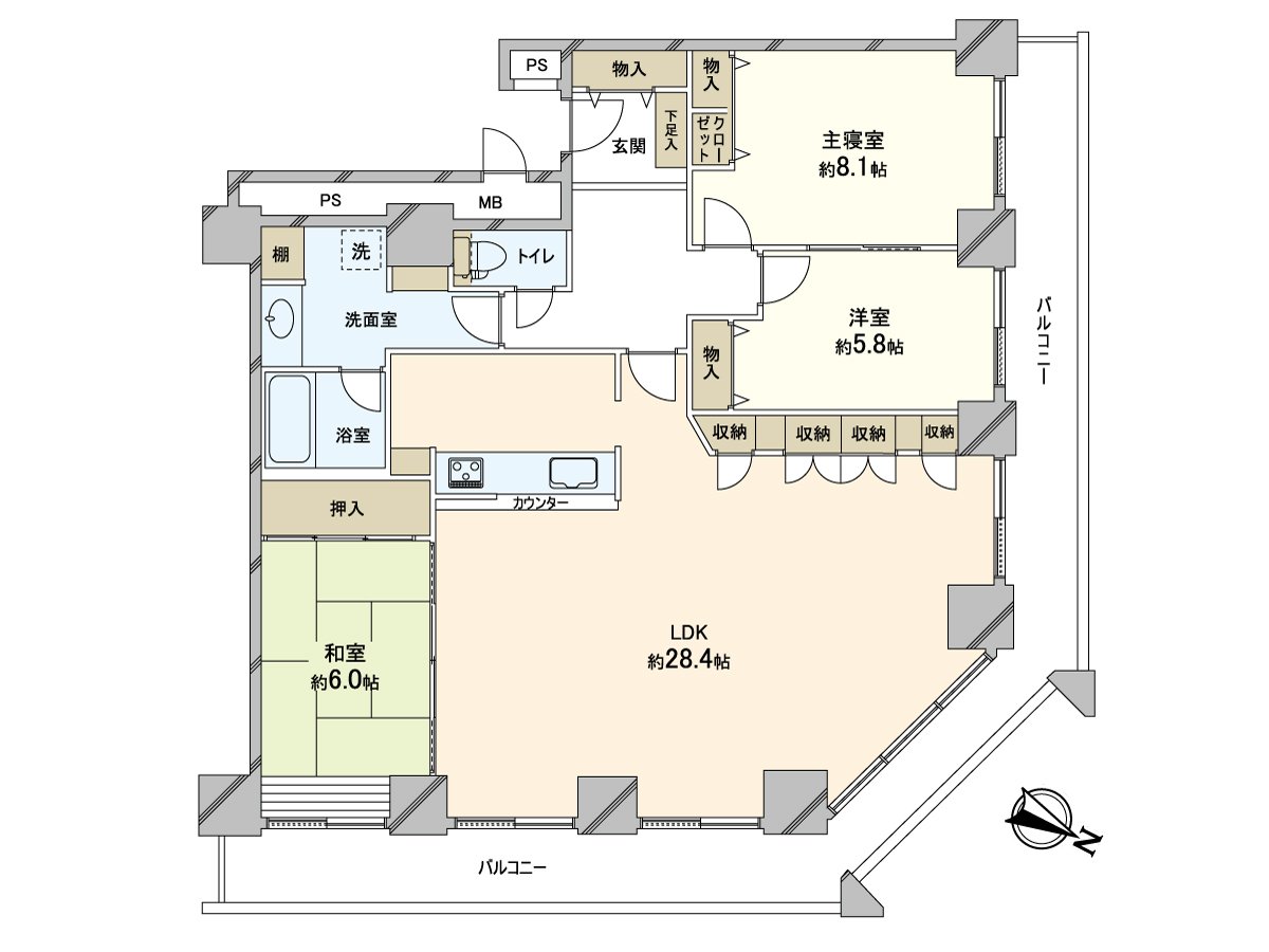 It is 3LDK of available 115.82 square meters in area, Northeast Corner Unit.