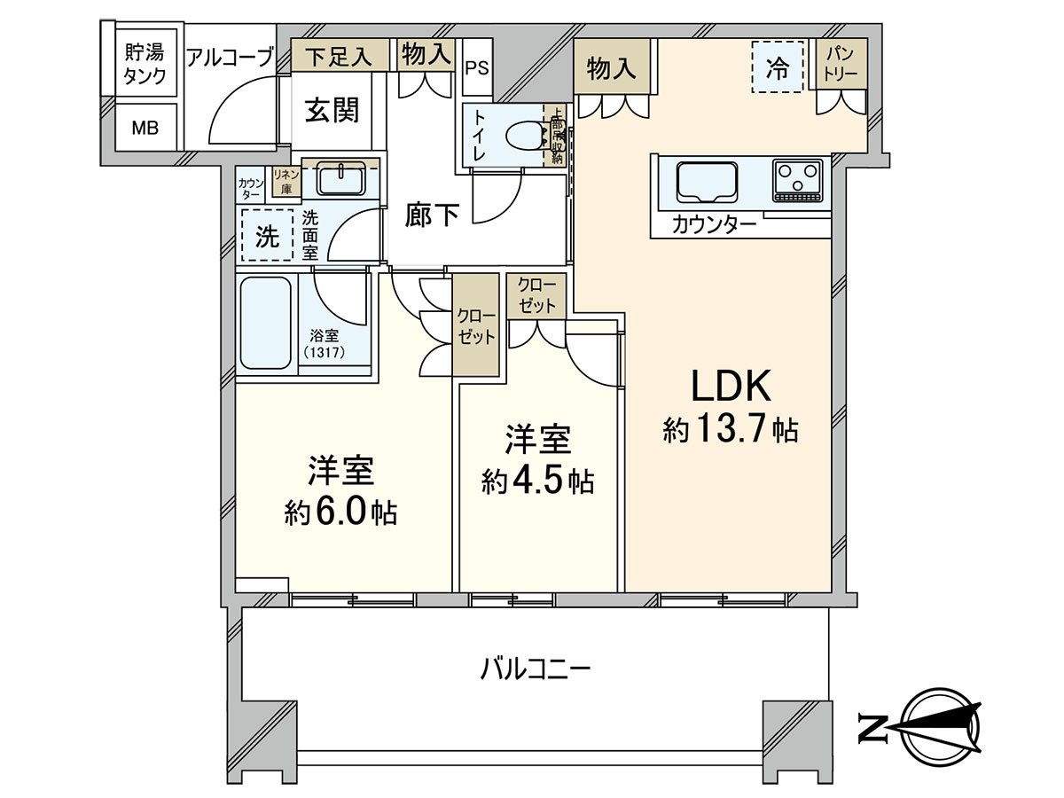 57.04平方公尺2LDK的房型。