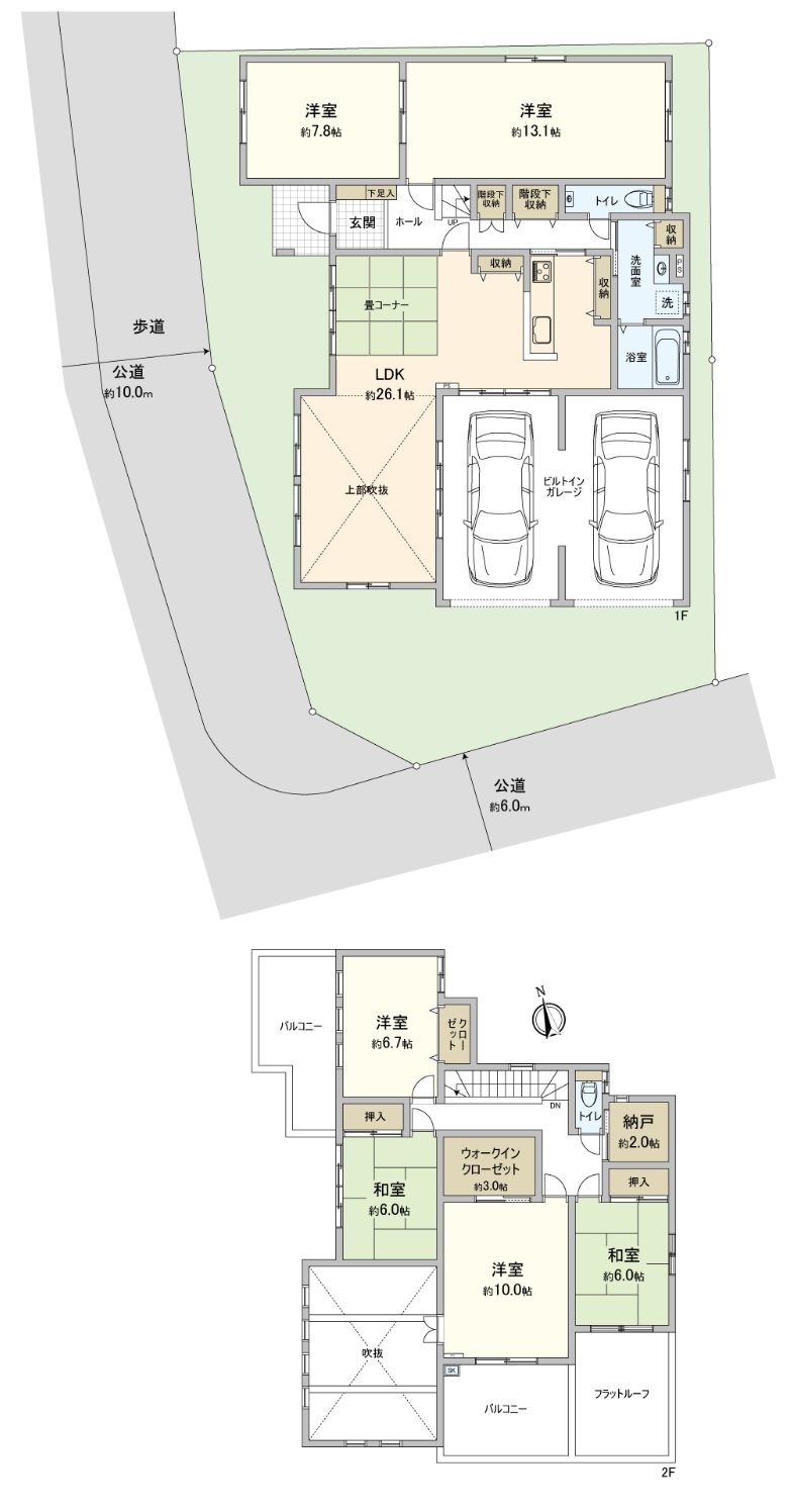 土地面積218.08平方公尺(約65.96坪)，全樓層總面積210.33平方公尺的6LDK。在西側約10m、南側約6m的公道接道的西南角用地有附帶采光良好度電動快門的內裝車庫。