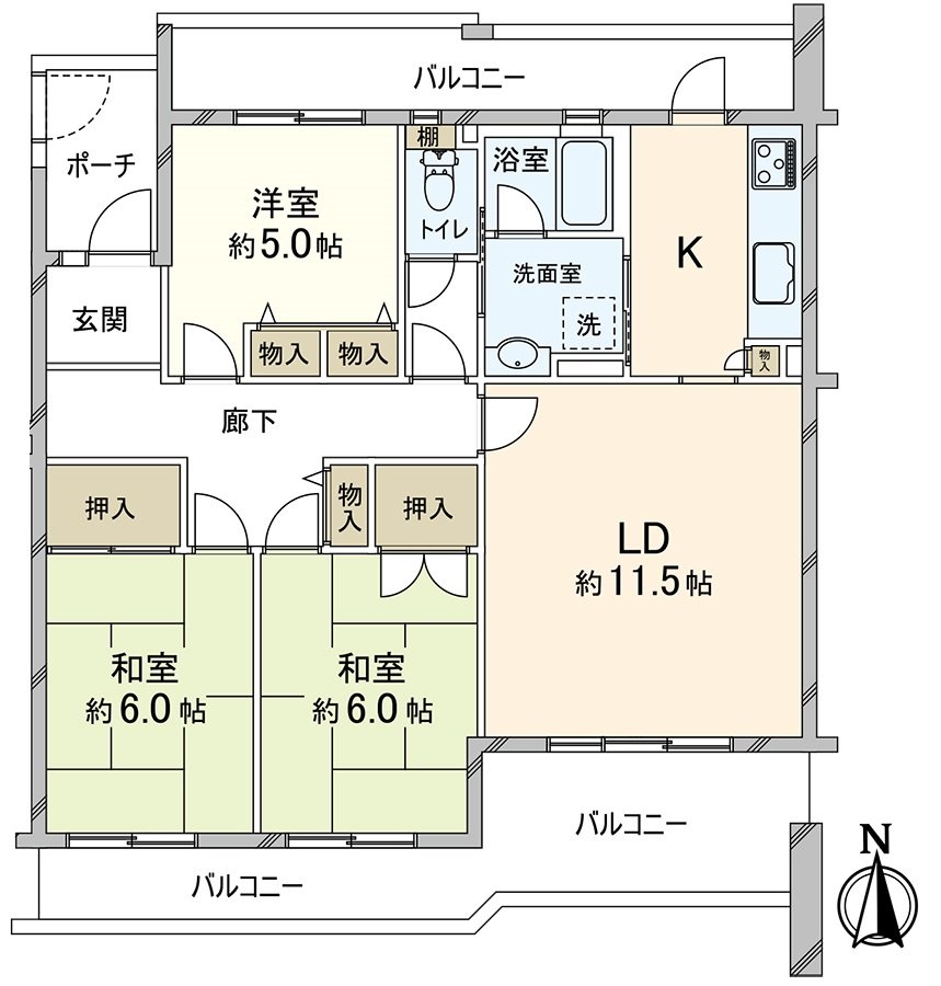 3LDK，两面派阳台(南侧，北侧)